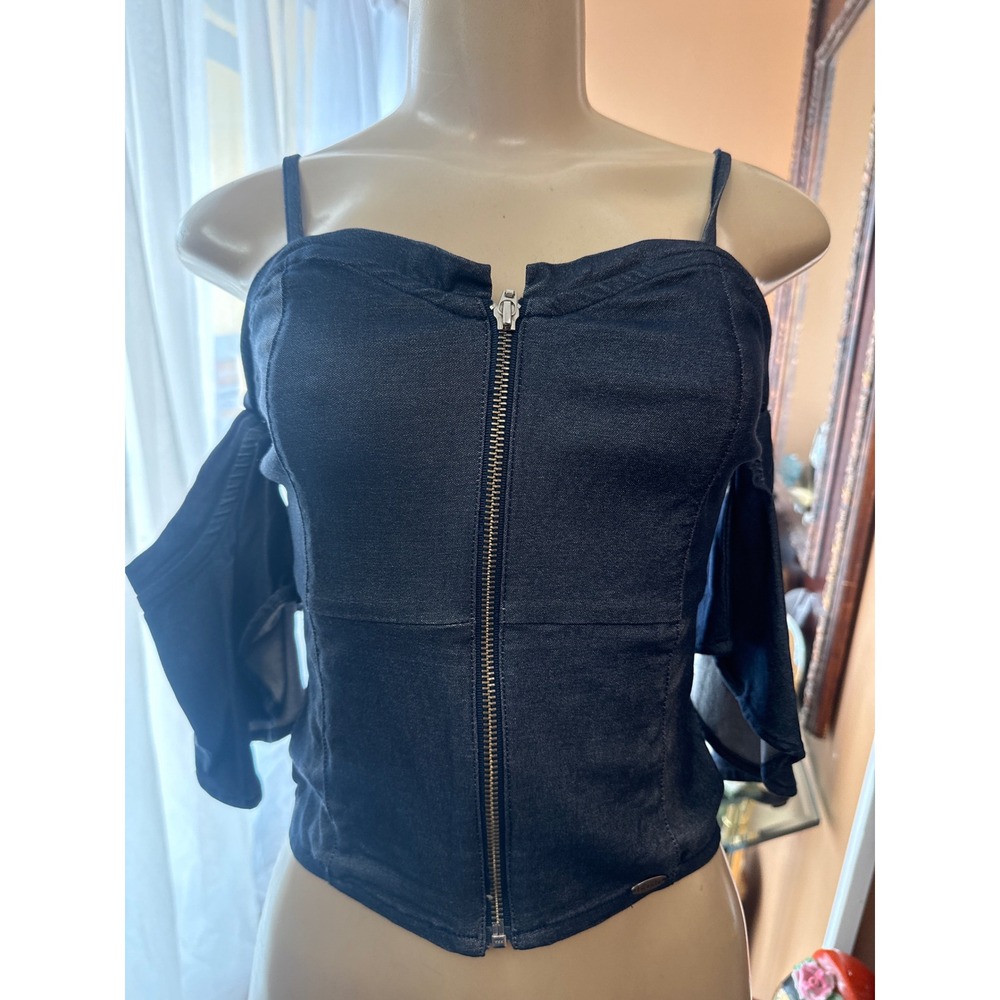 Bianchi Womens Dark Wash Denim Corset Top‎ Cold Shoulder Zipper Bustier Medium